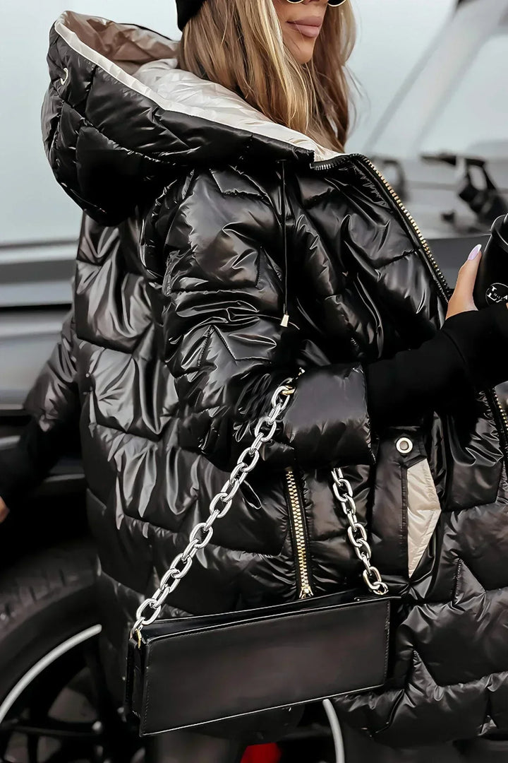 Comfortable women's long winter jacket for cold weather, padded and hooded, in a neutral color