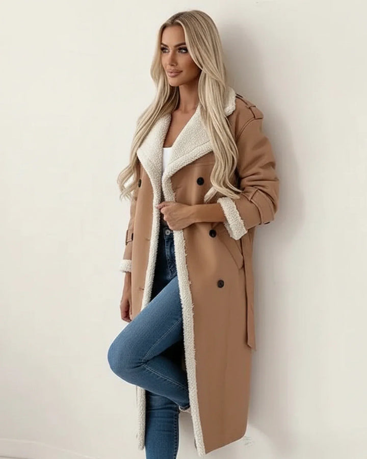 Warm women's long shearling lined winter coat, perfect for cold weather outerwear and casual wear