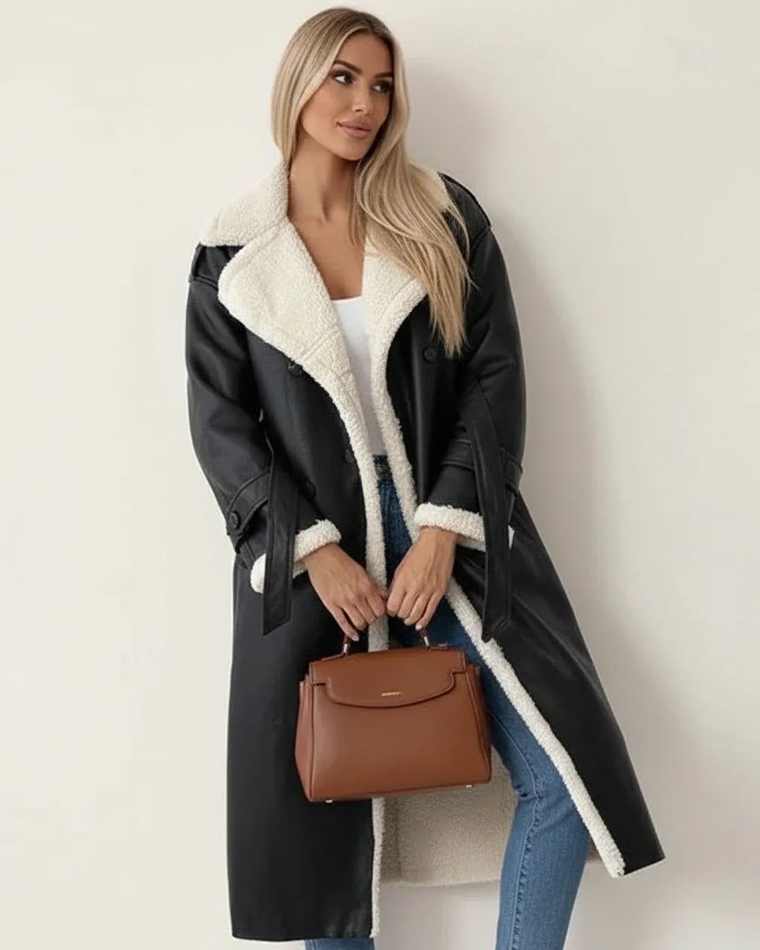 Stylish women's long winter coat with cozy shearling lining, a fashionable and warm jacket for women