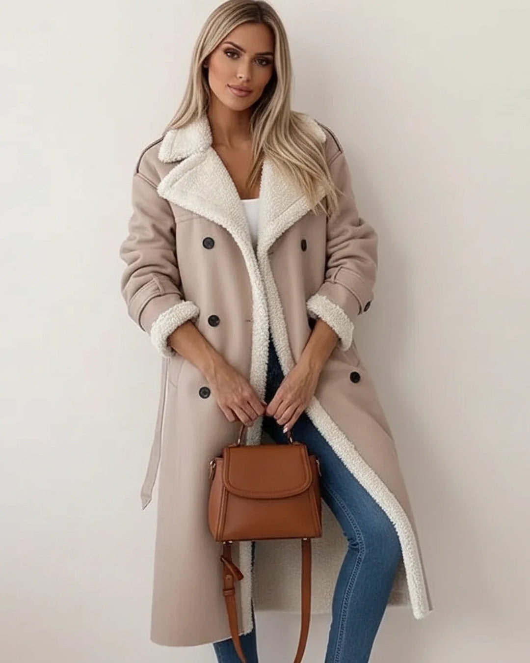 Full-length view of a women's shearling lined coat, an essential warm winter jacket for casual fashion
