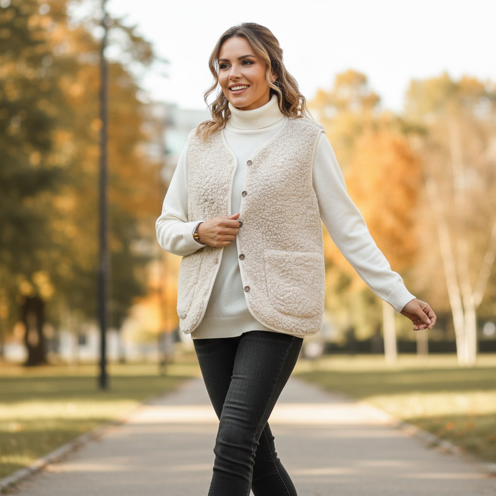 Warm women's sherpa vest in cream, perfect for casual spring layering and comfort.