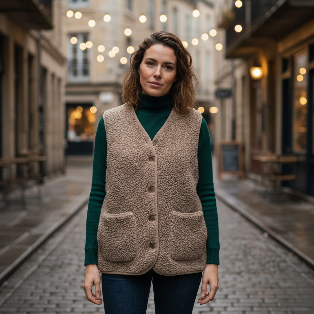 Casual women's vest, a cozy sherpa outerwear piece ideal for transitional spring weather.