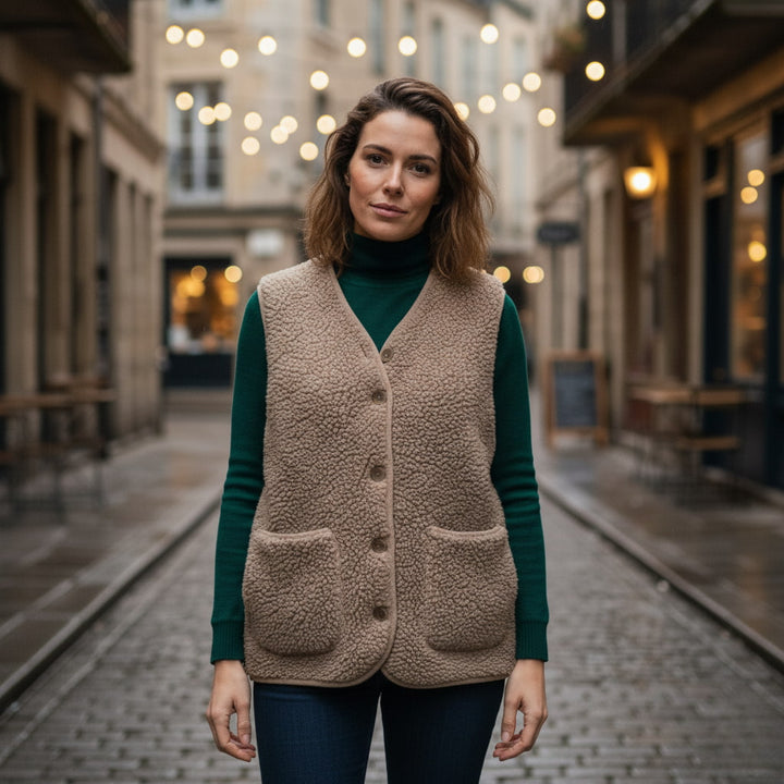 Casual women's vest, a cozy sherpa outerwear piece ideal for transitional spring weather.