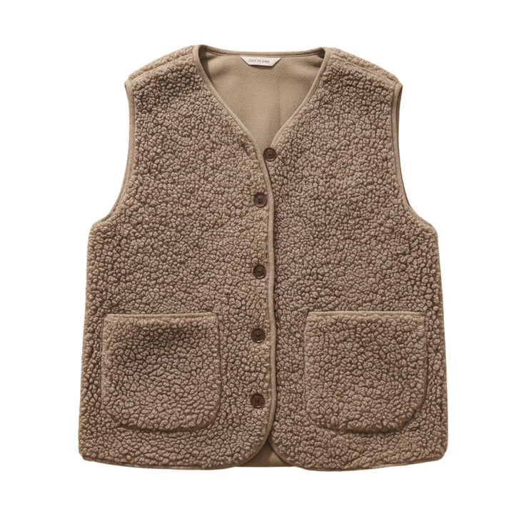 Fashionable women's sherpa vest in a versatile neutral tone, great for layering.