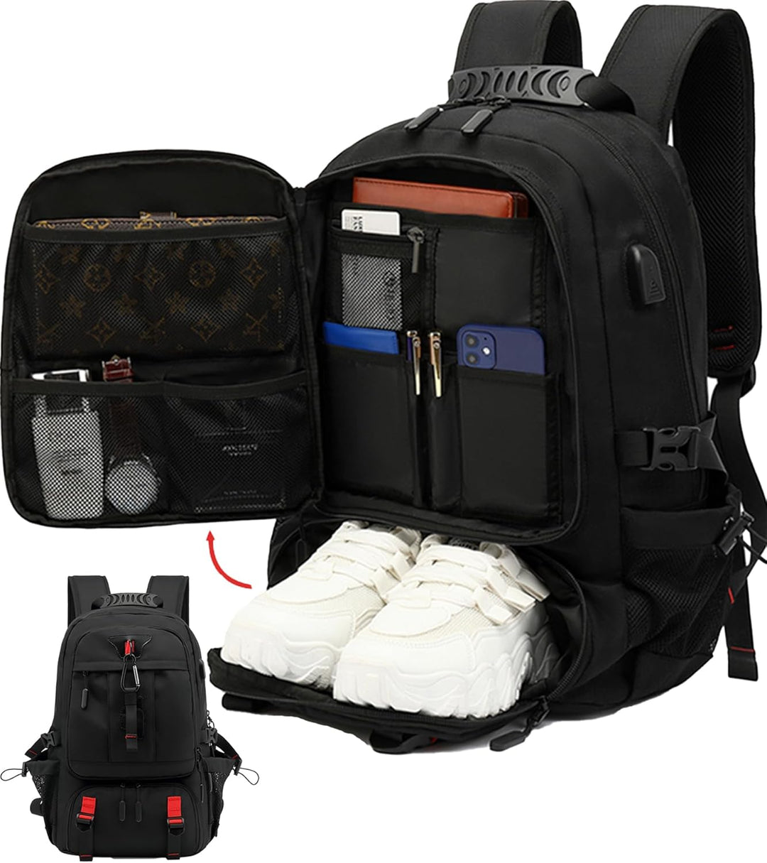 Waterproof 60L travel laptop backpack with USB charging port and dedicated shoe compartment.