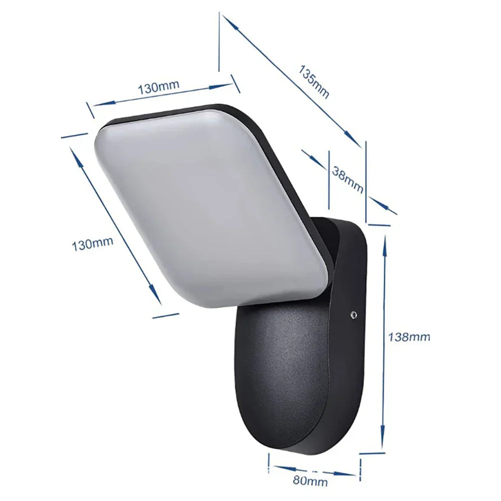 Waterproof outdoor LED wall light with PIR motion sensor, modern design, black aluminum, IP65 rated, enhancing exterior.