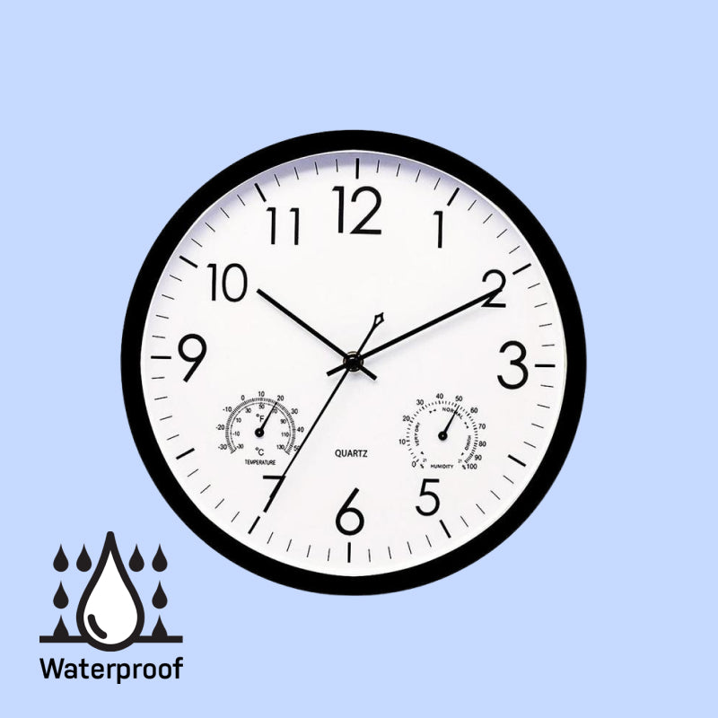 Weatherproof outdoor garden clock with temperature gauge, ideal for patio decor & outdoor living.