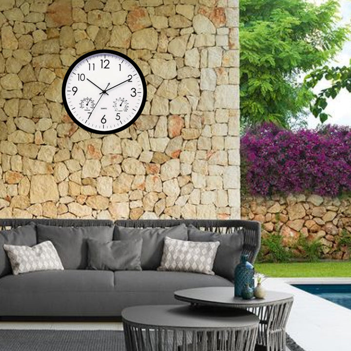 Outdoor clock with thermometer, weatherproof design for garden, patio, or conservatory.