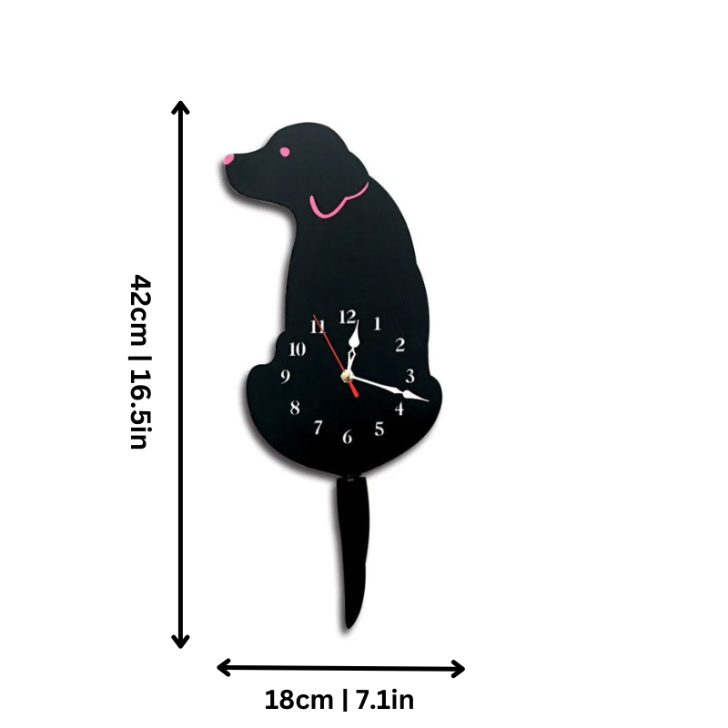 Whimsical animal wall clock with wagging tail, silent pet decor, unique home accent & gift.