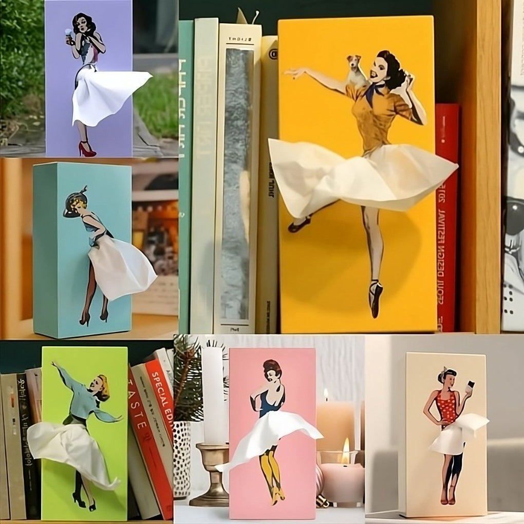 Whimsical dancing skirt tissue box holder. Unique home decor, perfect for living room or bedroom table.