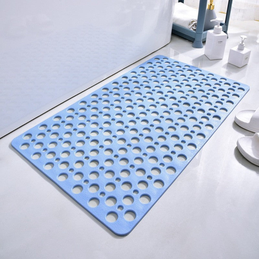 White anti-slip PVC shower bath mat with drain holes and strong suction cups for bathroom safety