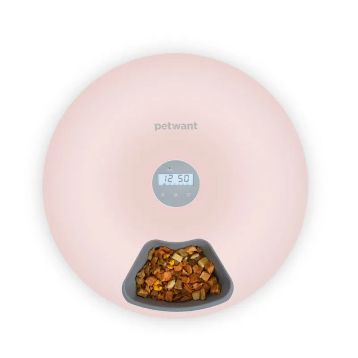 Automatic pet food dispenser, promotes healthy eating habits for cats & dogs with portion control.