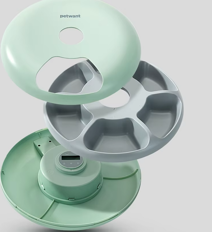 Sleek white automatic pet food dispenser, an essential pet supply for cat & dog owners.