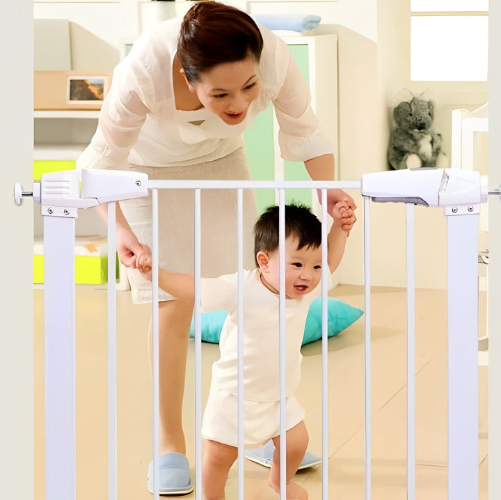 White Baby Stair Safety Gate for child protection & home safety at top or bottom of stairs.