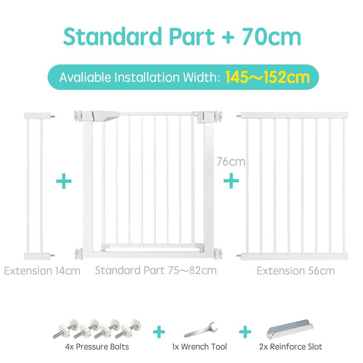 White metal baby gate, ideal for stair safety, offers secure child protection and baby proofing.