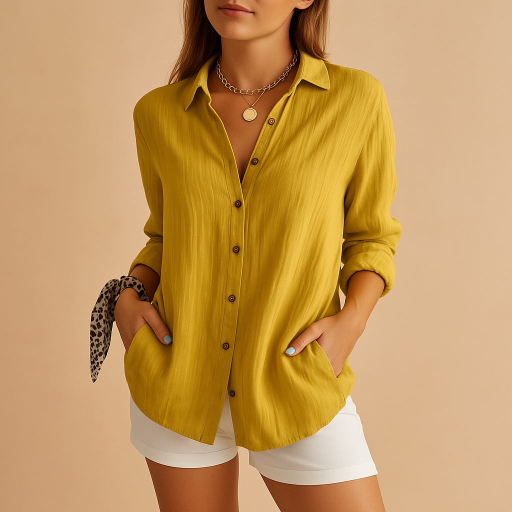 Airy women's button-up blouse in lightweight cotton-linen, versatile for a relaxed summer style.