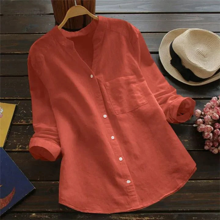 White linen blend button-down shirt for women, relaxed fit, long sleeve, perfect for summer casual wear