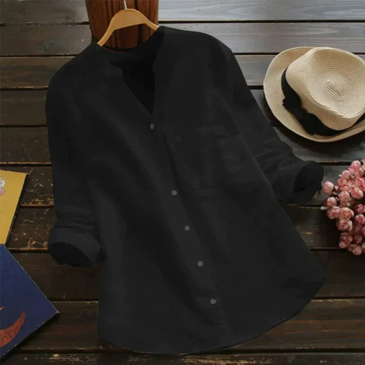 Women's lightweight cotton blend button-down shirt in a neutral color, breathable fabric, casual top