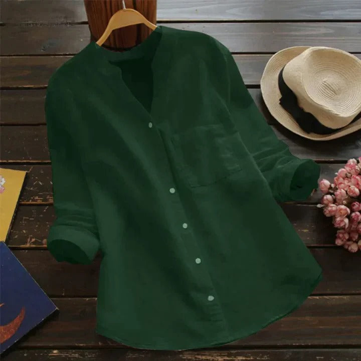 Front view of a new women's linen blend button-down shirt, breathable and comfortable for casual wear