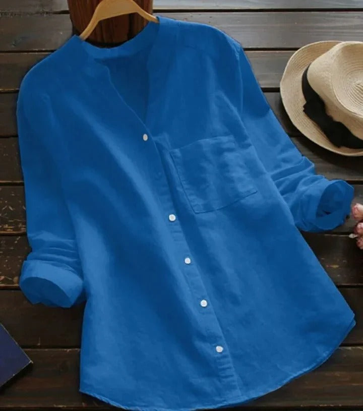 Stylish women's long sleeve button-down shirt made from a lightweight linen-cotton blend, summer essential
