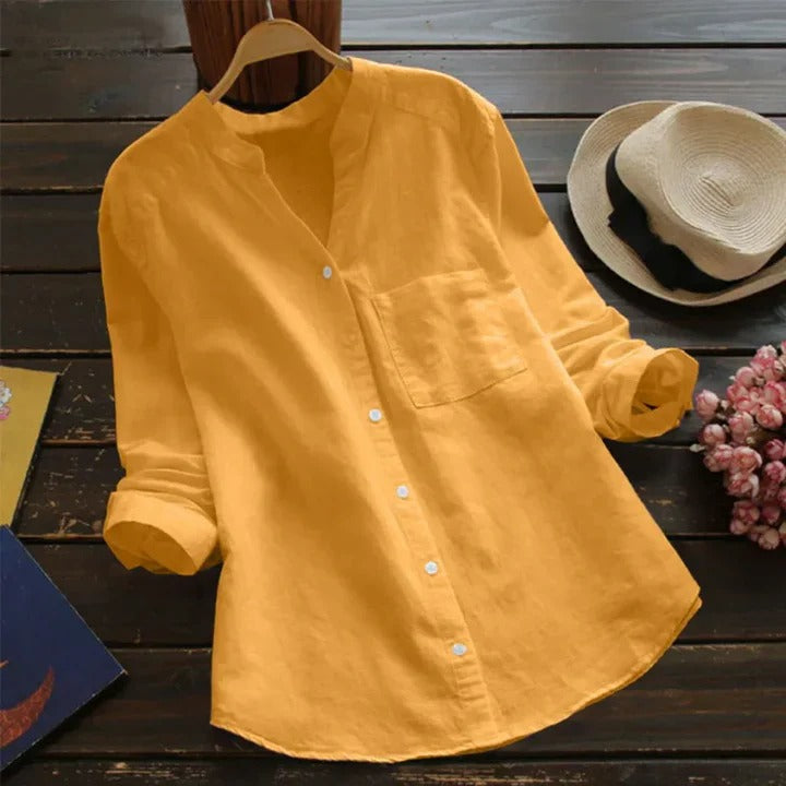 Full length image of a women's lightweight linen blend button-down shirt, elegant and comfortable summer fashion