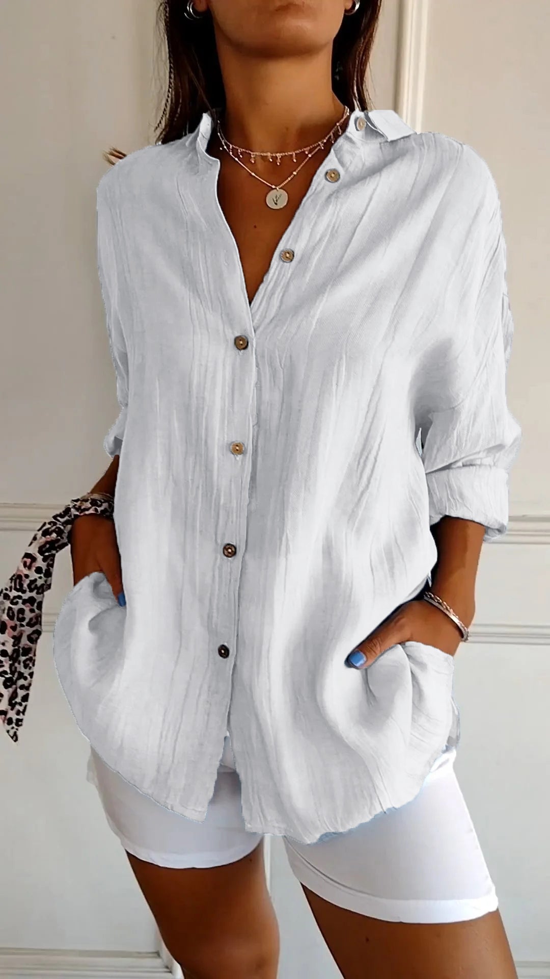 White long sleeve cotton blend button-down shirt for women, perfect for casual everyday wear.