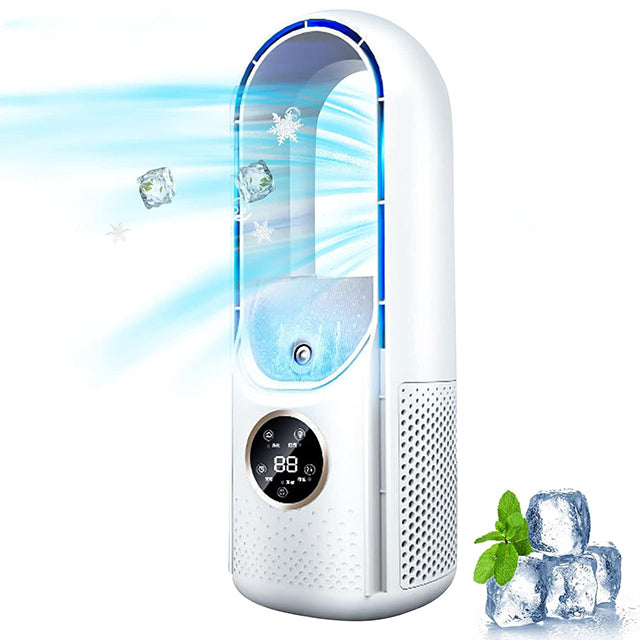 White portable bladeless silent air conditioner, ideal for home & office personal cooling comfort.