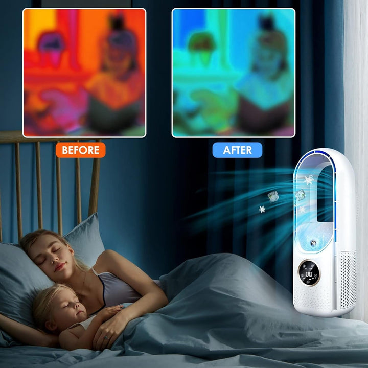 Ultra-quiet bladeless air cooler, perfect for silent home cooling & office comfort. Energy efficient.