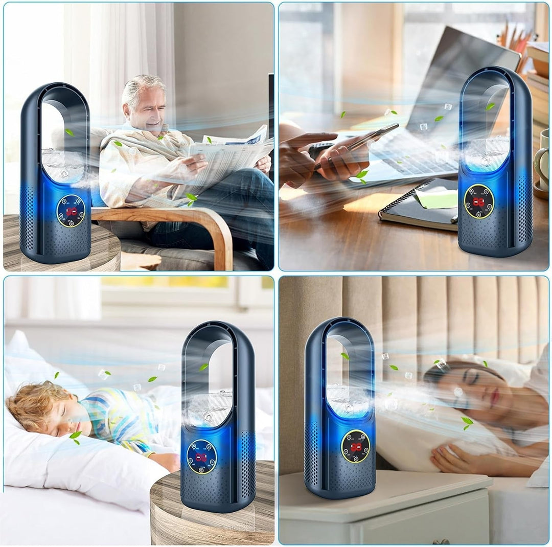 Modern bladeless fan technology in a portable silent air conditioner for personal home & office use.