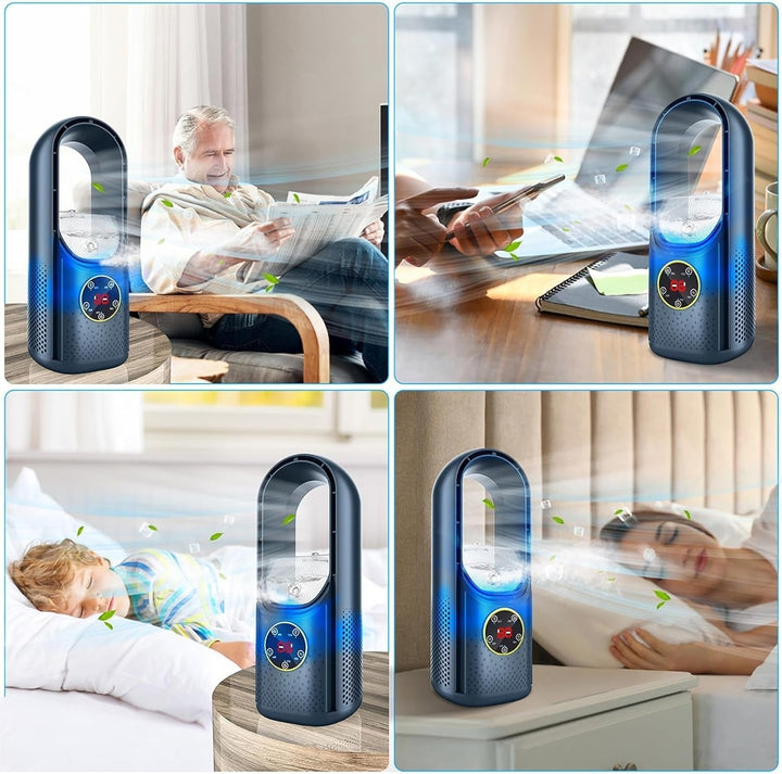 Modern bladeless fan technology in a portable silent air conditioner for personal home & office use.