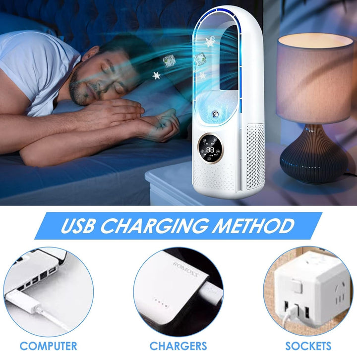 White portable bladeless silent air conditioner, USB powered for personal cooling at home or office.