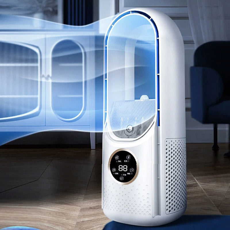 White & blue portable bladeless air conditioner, perfect for silent office comfort & home cooling.