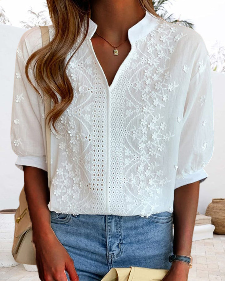 Elegant white casual top for women: V-neck short sleeve blouse with puff detail