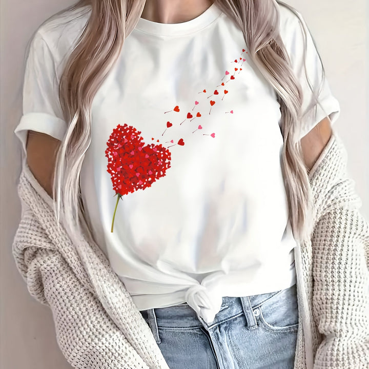 White women's casual t-shirt with a heart floral print. Perfect for a romantic summer everyday look.