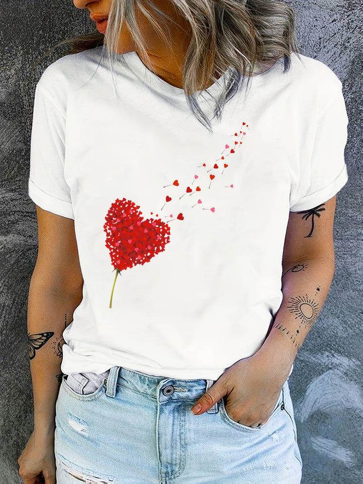 Comfy women's graphic tee featuring a unique heart floral print, short sleeve and round neck.