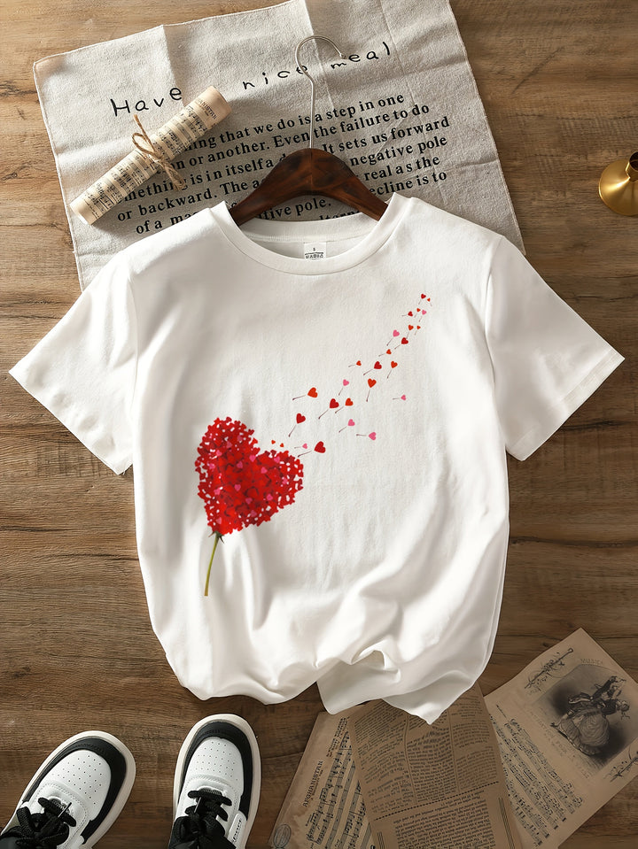 Round neck, short sleeve women's t-shirt with a charming heart floral print. Great for everyday wear.