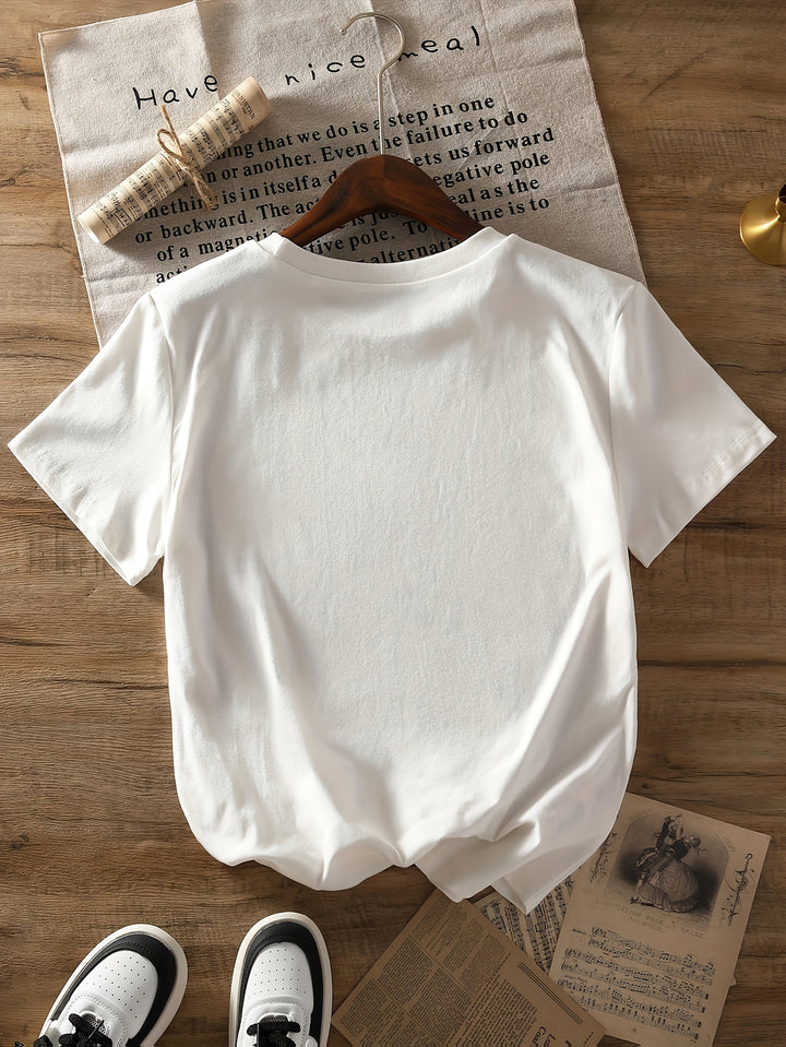 White casual women's t-shirt, romantic heart floral print. Comfy short sleeve top for summer fashion.