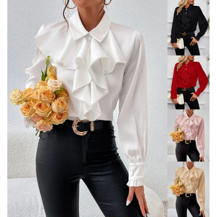 White women's ruffle blouse with elegant long sleeves, a versatile top for office chic or casual wear.