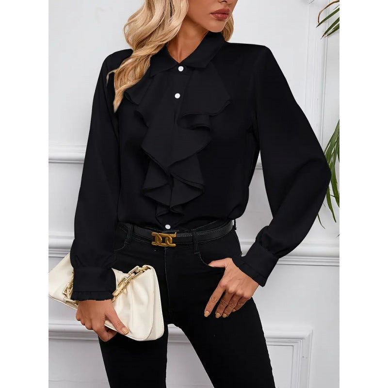 Stylish women's ruffle top, featuring delicate ruffles and chic sleeves for a fashionable, elegant look.