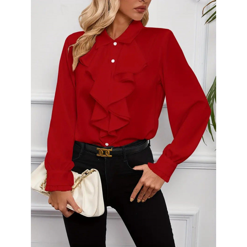 Comfortable & versatile women's elegant shirt, white with graceful ruffles, ideal for daily fashion.