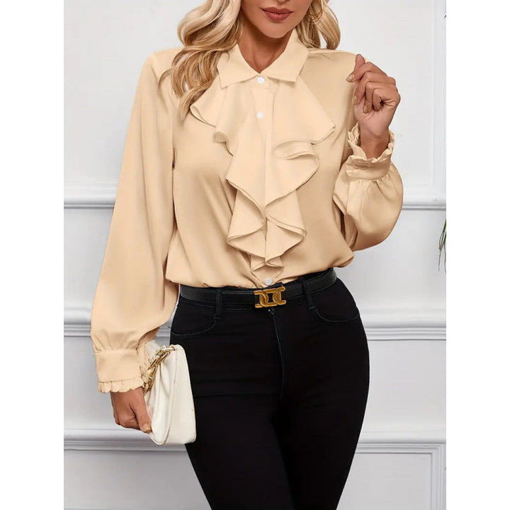Feminine women's long-sleeve blouse, featuring elegant ruffles & a flattering fit, perfect for any occasion.