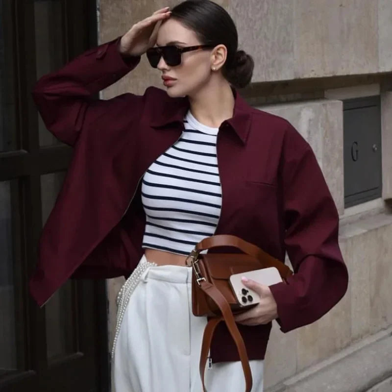 Wine red unisex casual zip-up autumn jacket, lightweight outerwear for fall fashion.