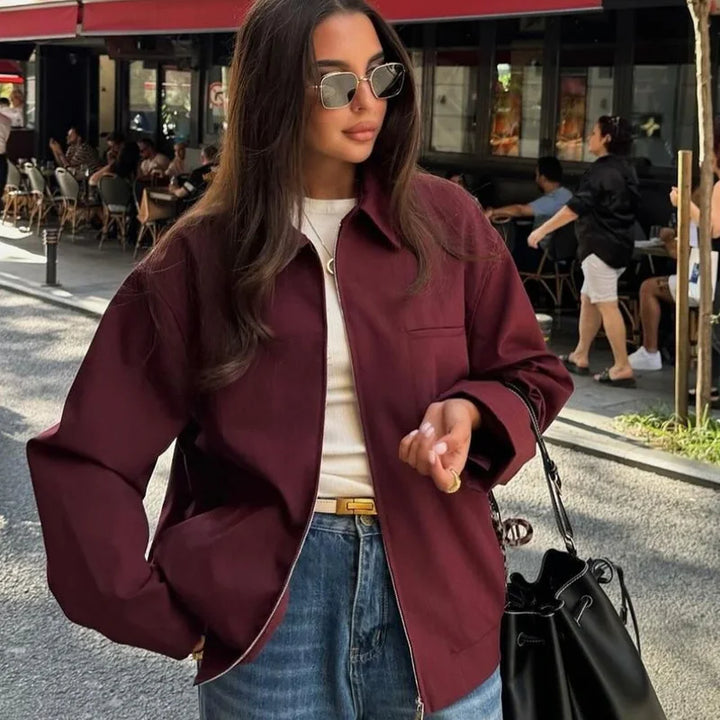 Solid wine red zip-up jacket, a versatile unisex autumn outer layer.