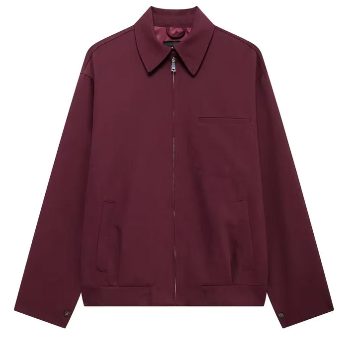 Unisex autumn jacket in rich wine red, featuring a practical zip-up design.