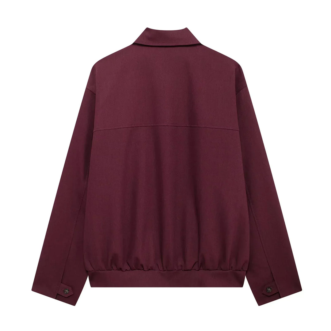 Stylish wine red zip-up casual jacket, perfect lightweight outerwear for autumn.
