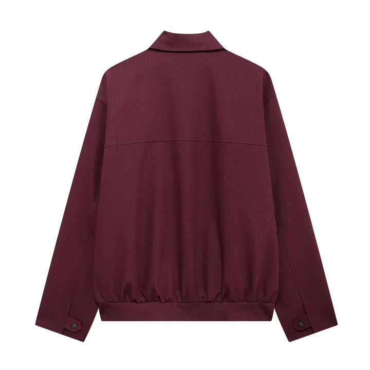 Stylish wine red zip-up casual jacket, perfect lightweight outerwear for autumn.