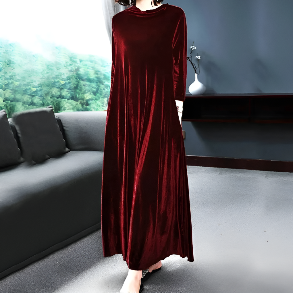 Wine red velvet long sleeve midi dress for women, perfect for evening wear & holiday parties.