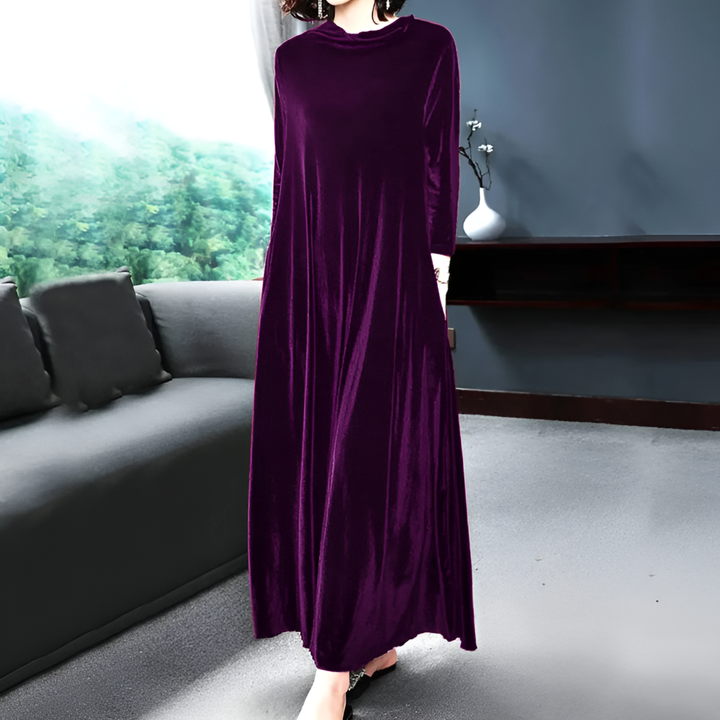 Chic women's velvet long sleeve midi dress in wine red, perfect for festive evening and party wear.