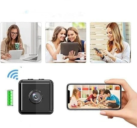 Smartphone displaying app control for wireless 1080p security camera, featuring live view, motion alerts, and recording.