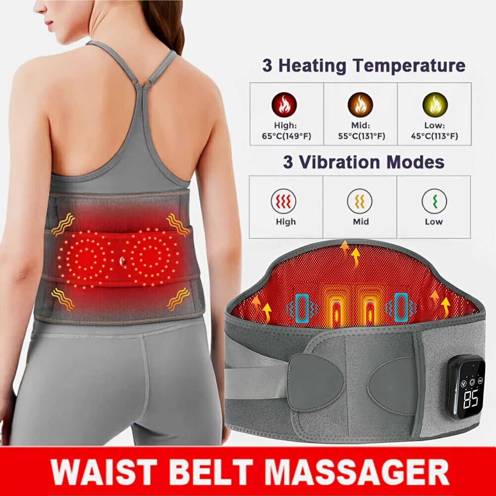 Rechargeable wireless heated massage belt with 3 adjustable heat & vibration modes for back and waist.